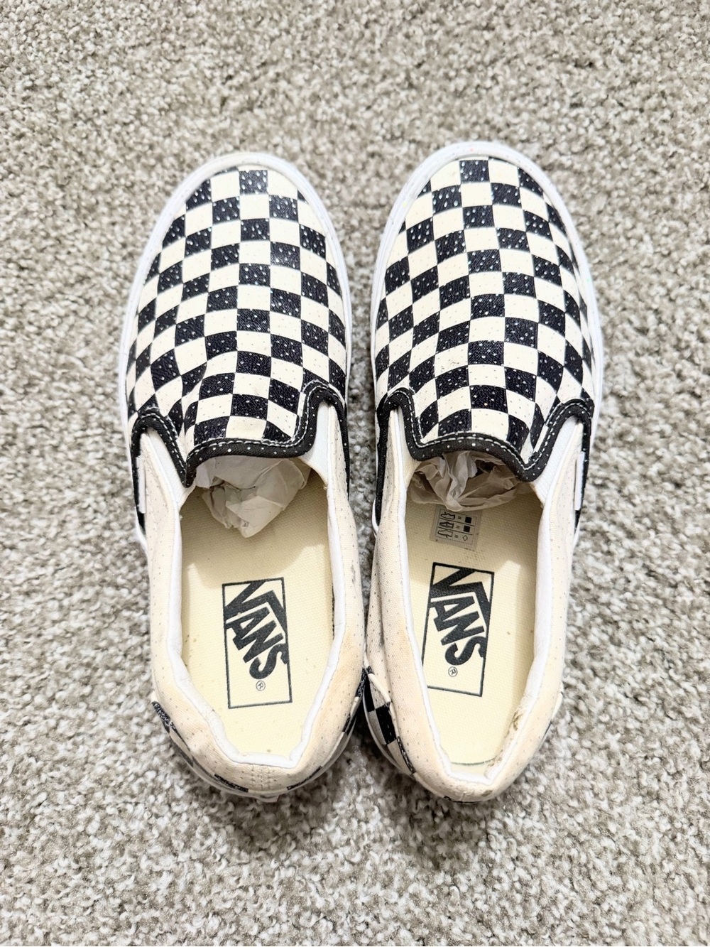 Vans Slip-On Checkerboard Slip On Sneakers - Black & Cream Classic Womens 8